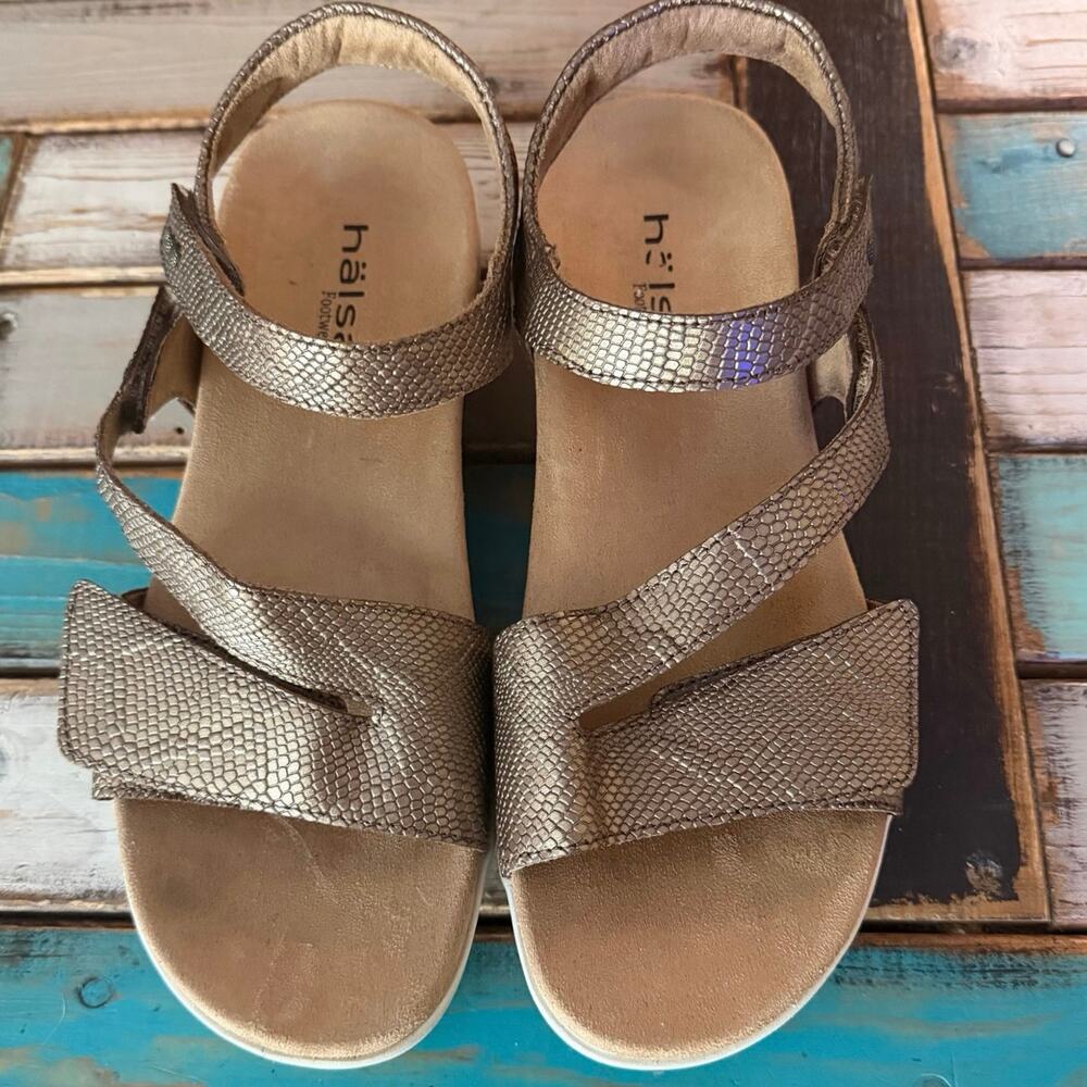 Halsa Denia Snake print Reptile bronze copper ankle strap sandals Women's 9.5 - Picture 2 of 12